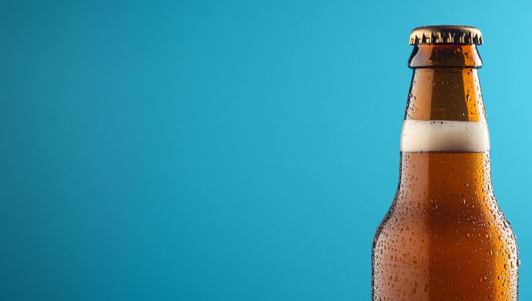 A close-up of a chilled beer bottle with condensation on a blue background. photo