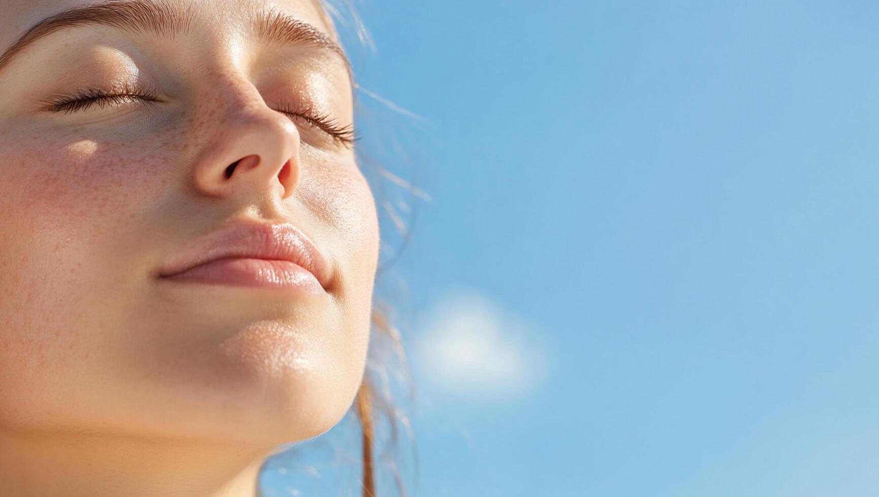 A serene young woman enjoying a moment of peace under a blue sky. photo