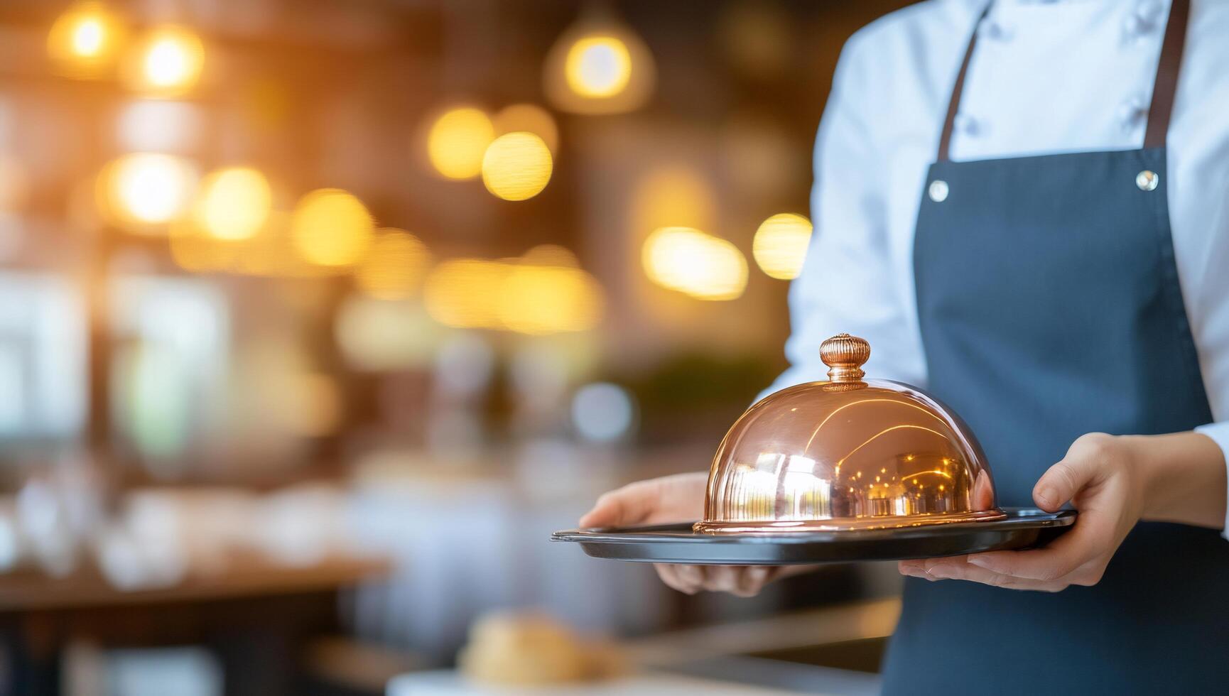 A chef presenting a covered dish in a restaurant setting. photo