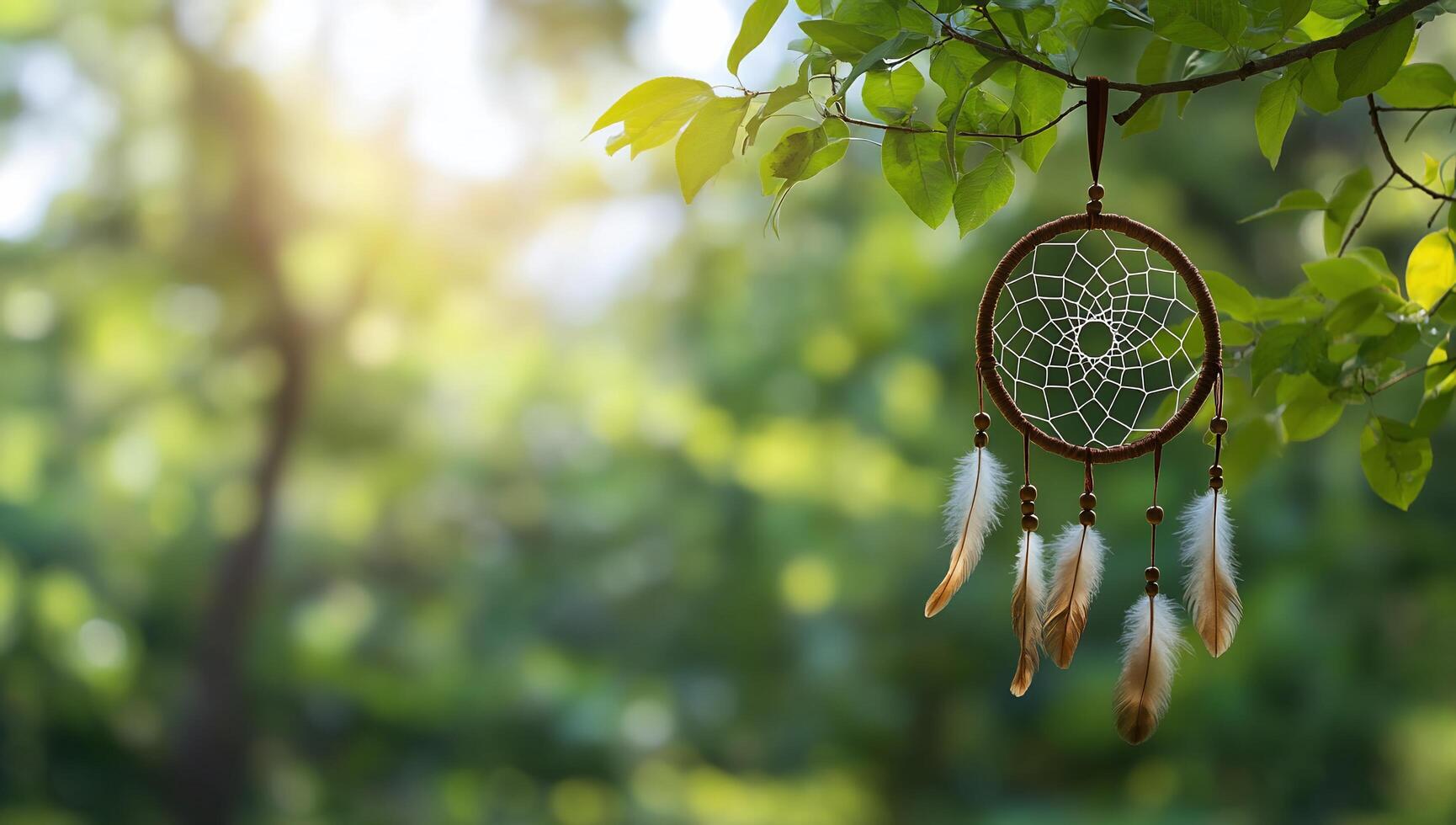 A dreamcatcher hanging amidst lush green leaves in soft sunlight. photo