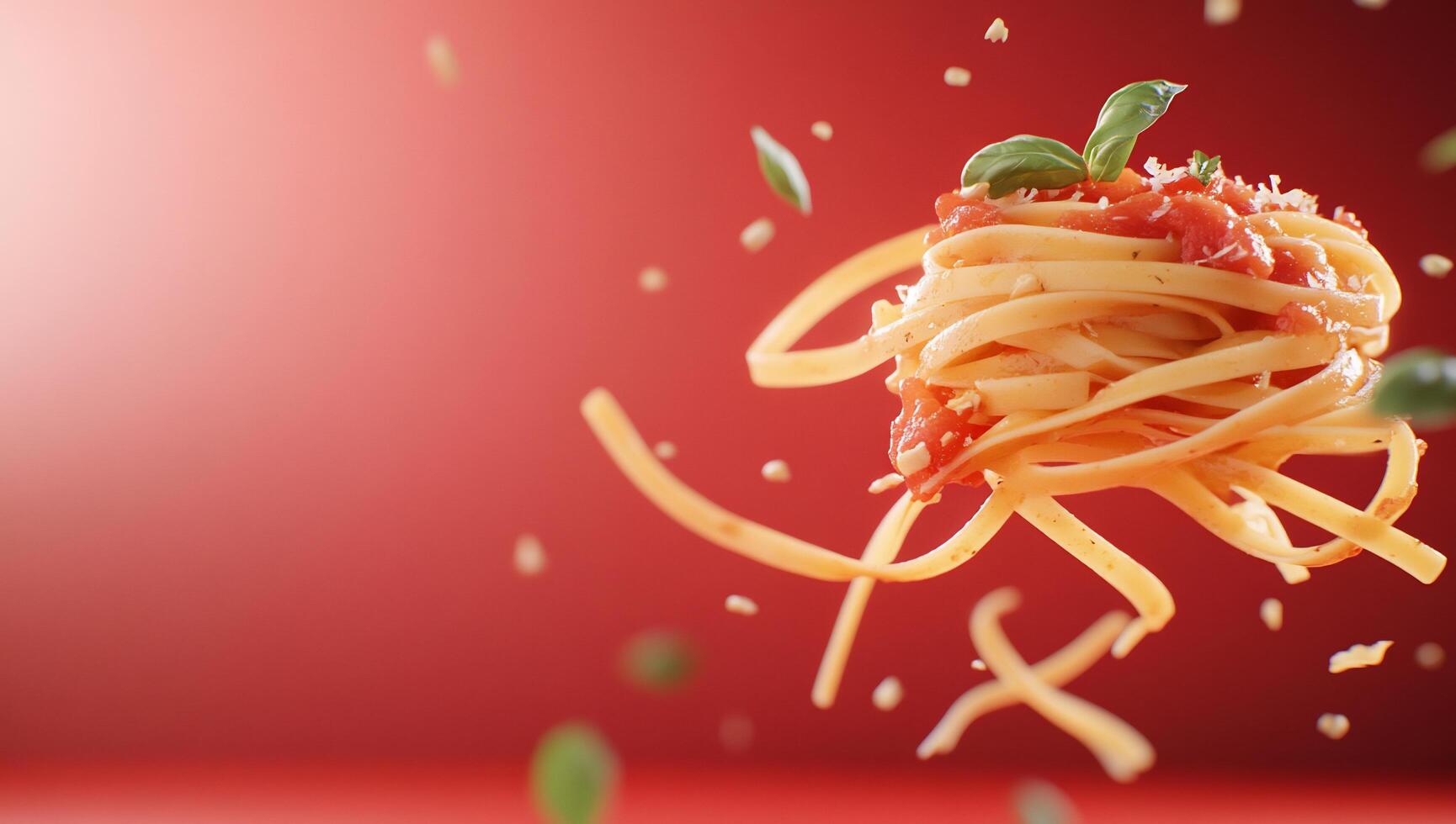 A vibrant plate of pasta with sauce and herbs, floating against a red background. photo