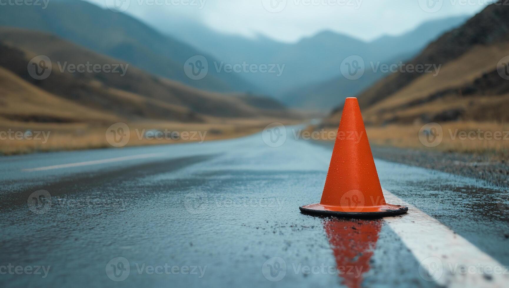 An orange traffic cone sitting on the side of a wet road photo