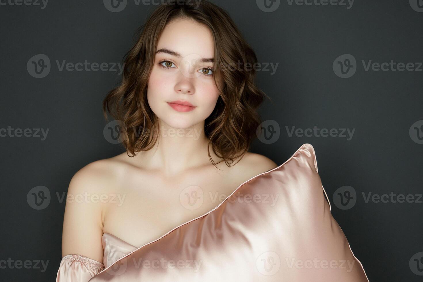 A woman in a pink dress holding a pillow photo