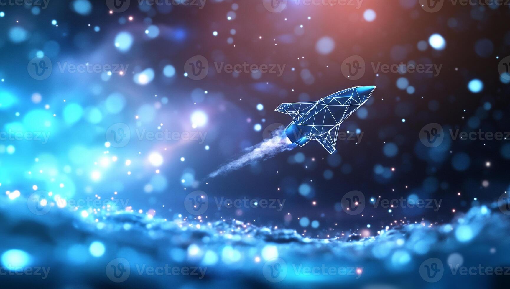 A stylized rocket launches through a cosmic, vibrant atmosphere. photo