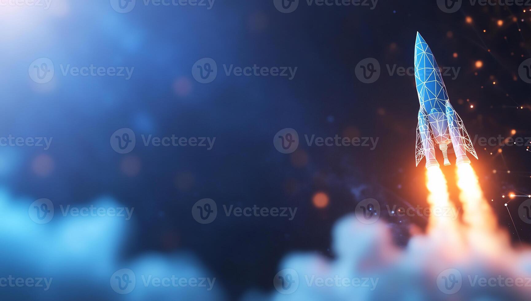 A futuristic rocket launching into space with vibrant flames and sparks. photo
