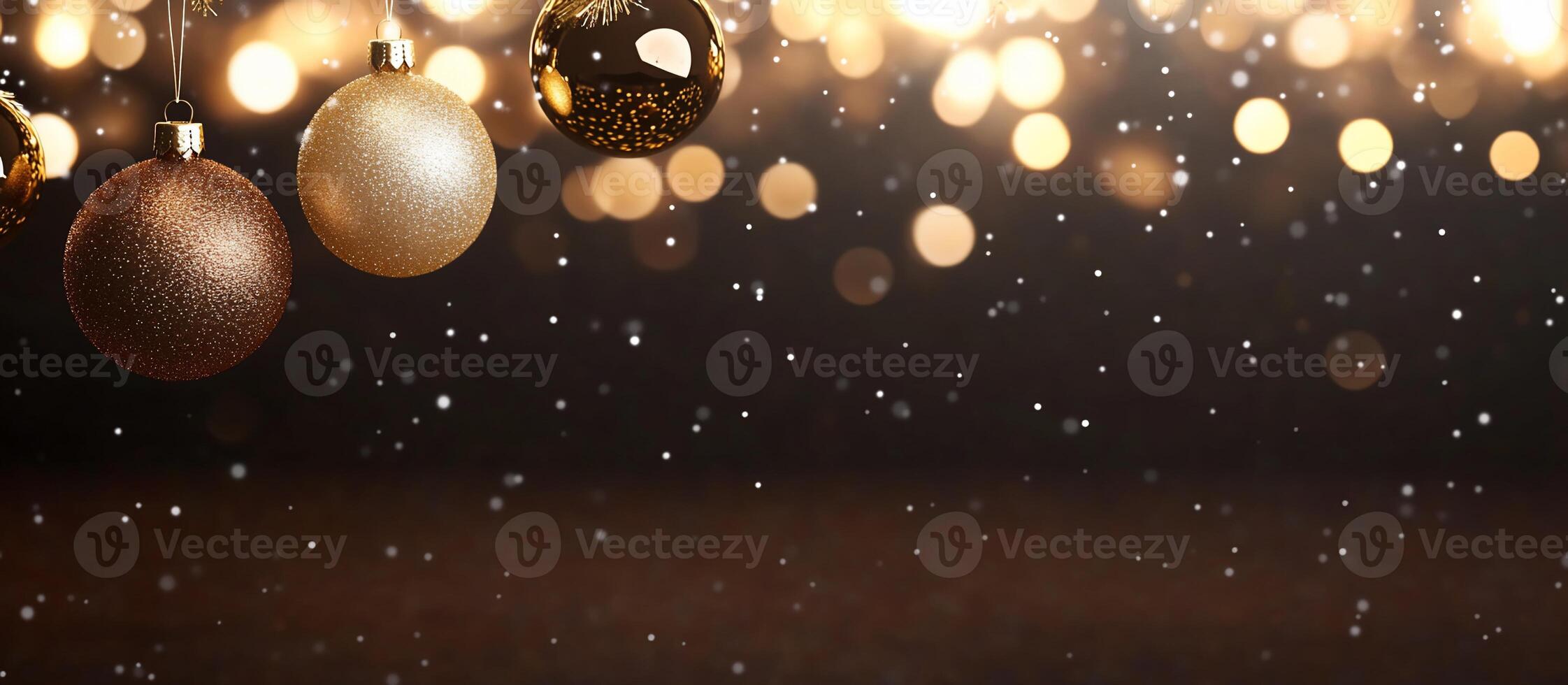 A festive scene with ornaments and falling snowflakes. photo