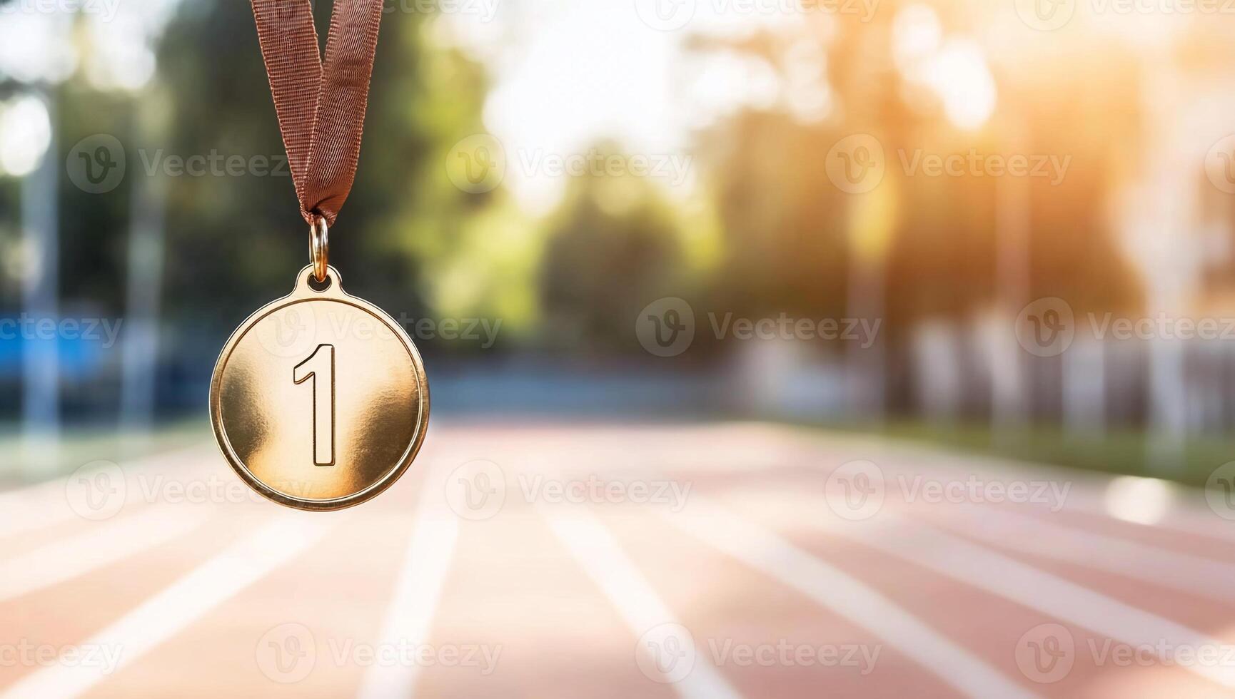 A gold medal with the number one hangs over a blurred running track. photo