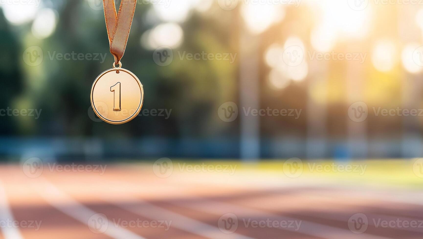 A gold medal hanging with a blurred running track in the background. photo