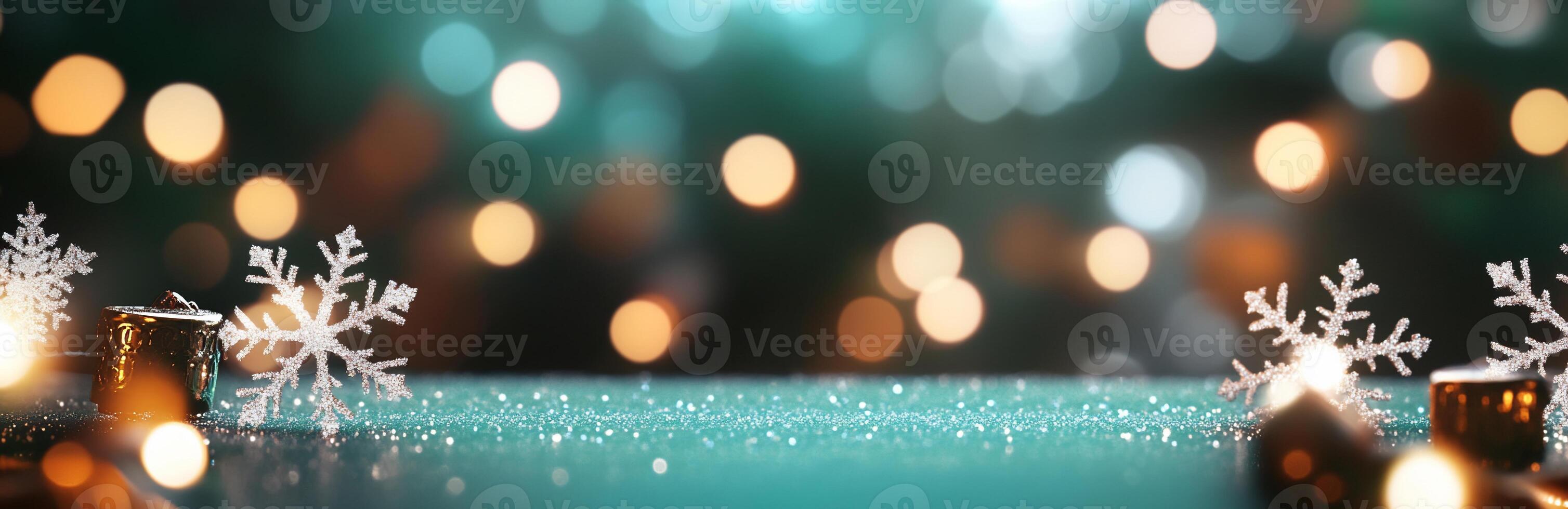 A festive scene with snowflakes and warm bokeh lights. photo