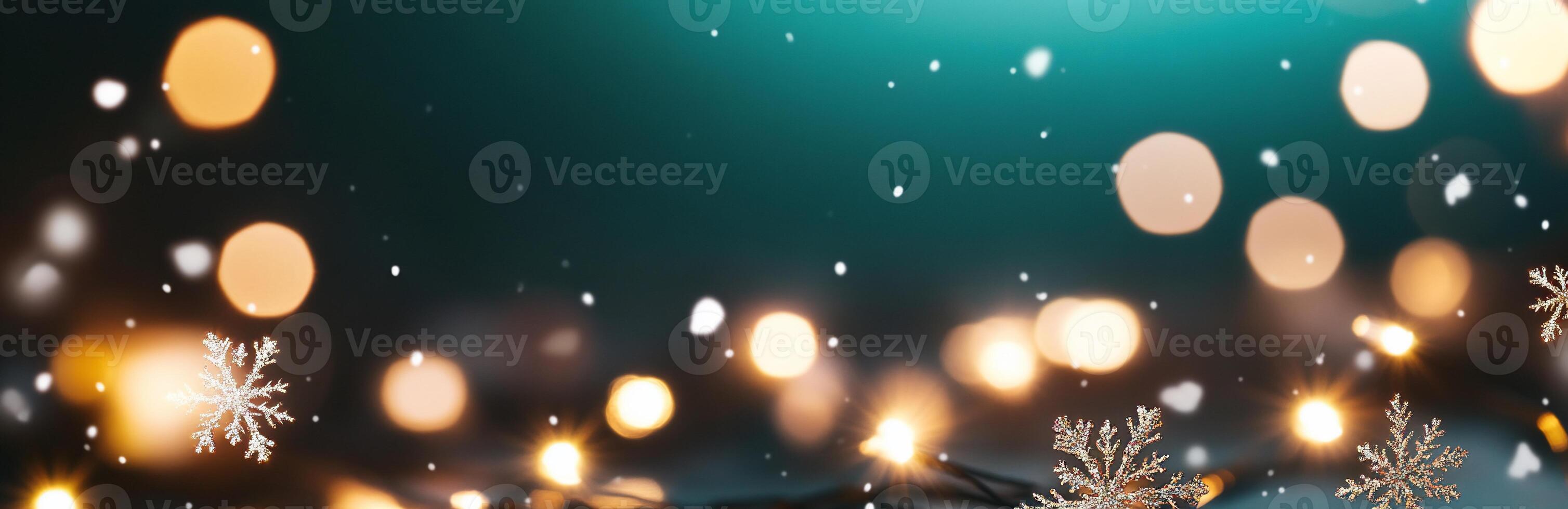 A festive background with glowing lights and falling snowflakes. photo