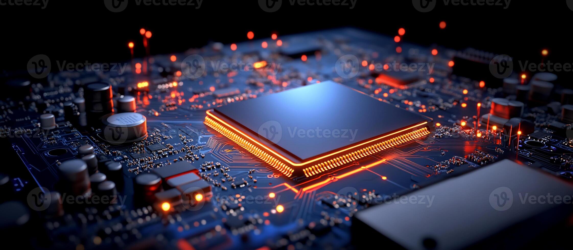 Close-up of a modern microprocessor on a circuit board. photo
