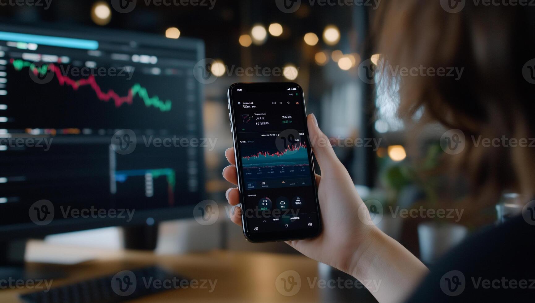 A person checks stock market data on a smartphone in an office setting. photo