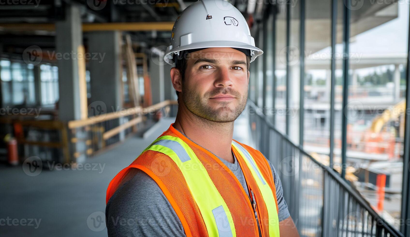 A man in an orange vest and hard hat photo