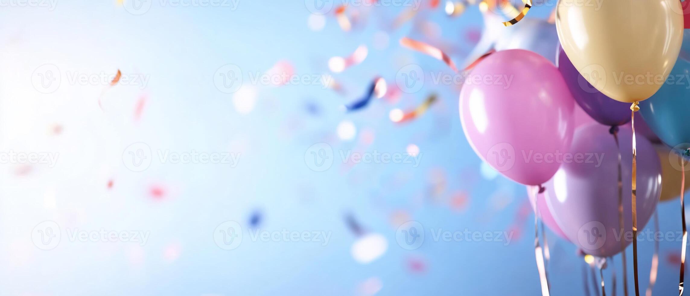 Many balloons and confetti are flying in the air photo