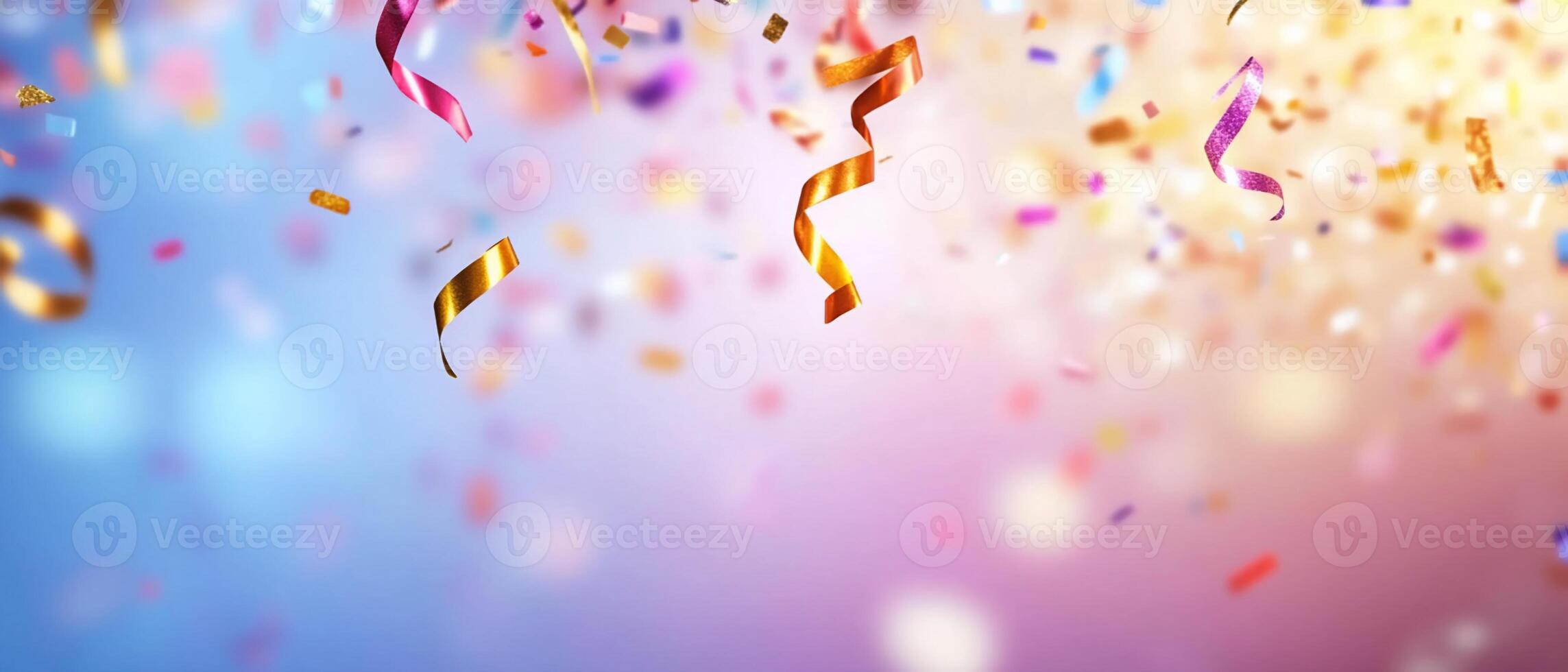 Colorful confetti streamers on a blue background photo