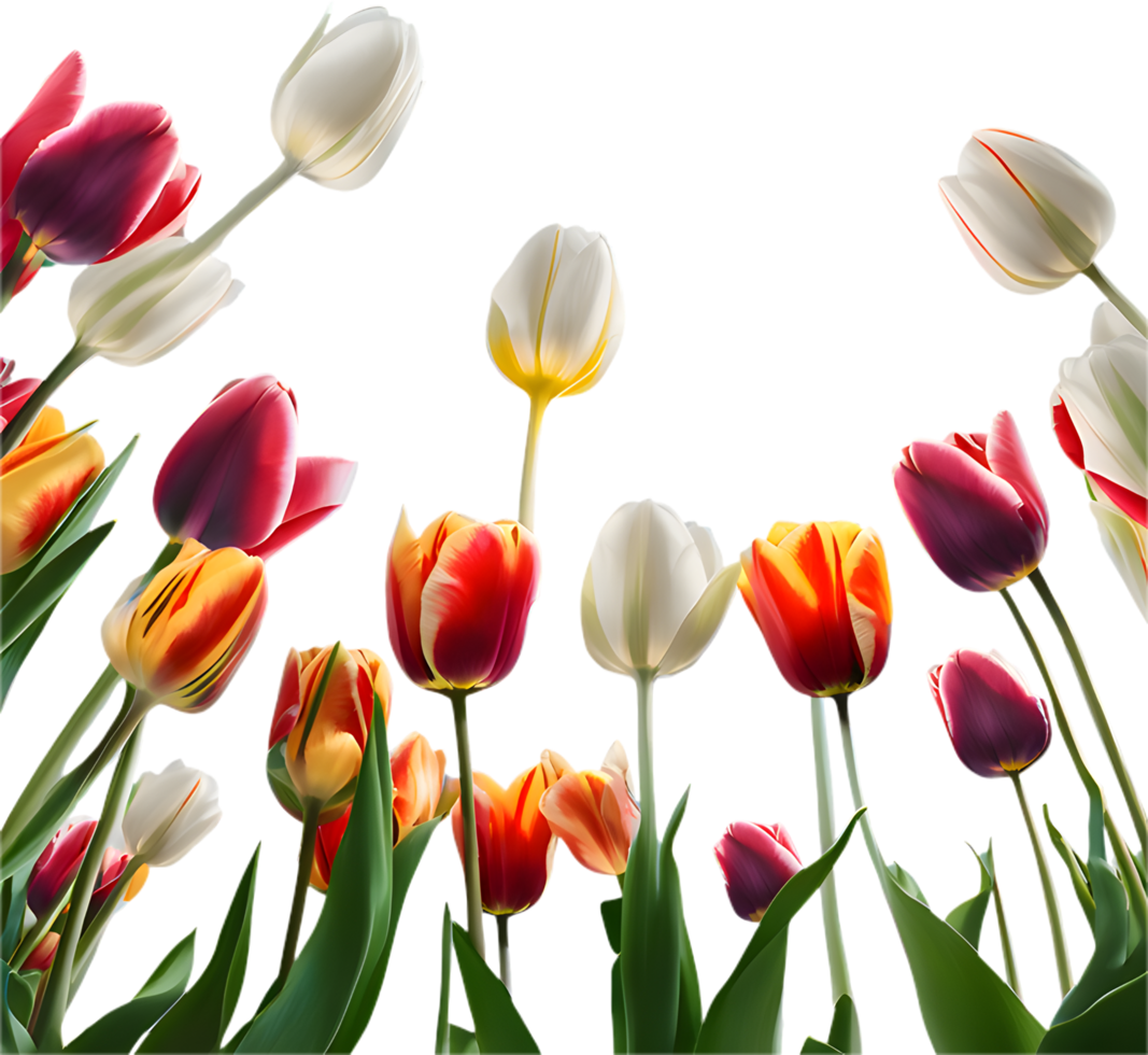 Vibrant Field of Tulips and Wildflowers in Spring. . png