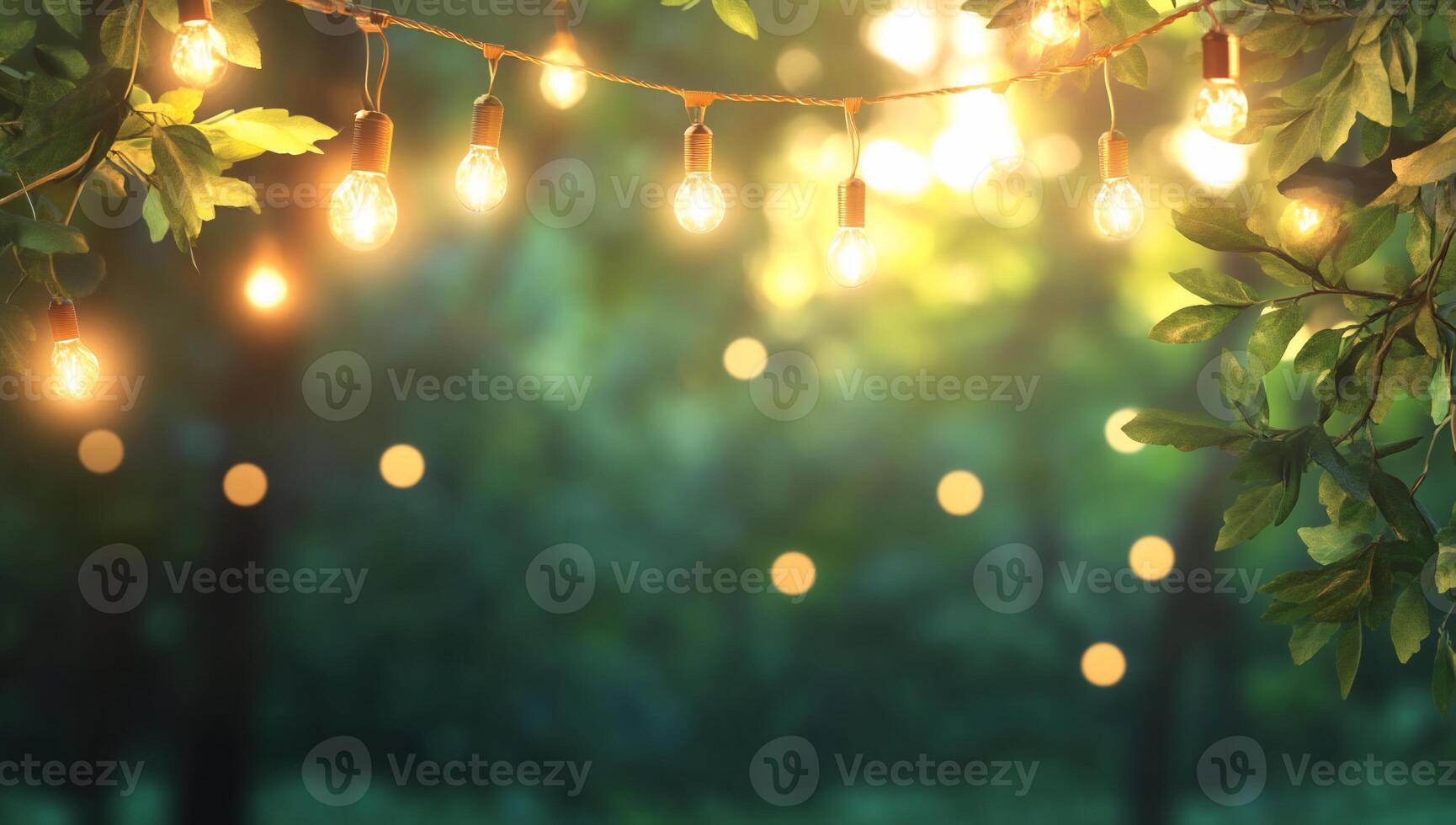 A serene outdoor scene with string lights and blurred greenery. photo