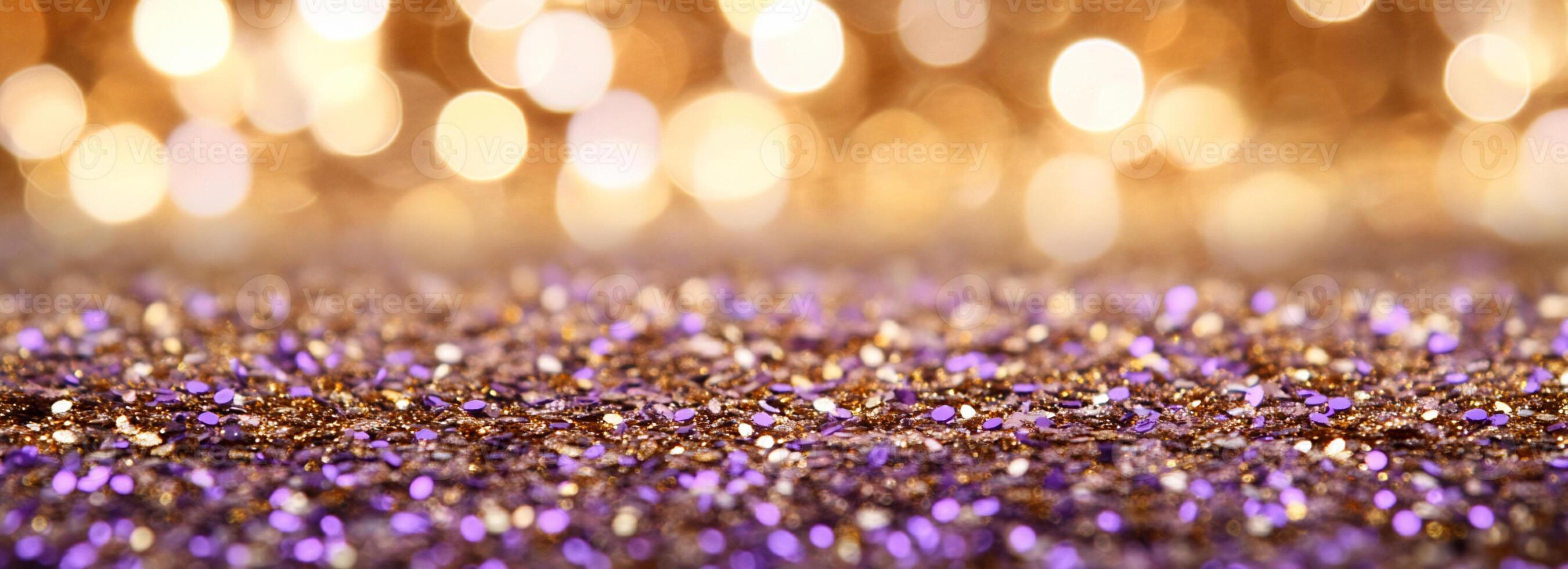 A sparkling background with golden and purple glitter. photo