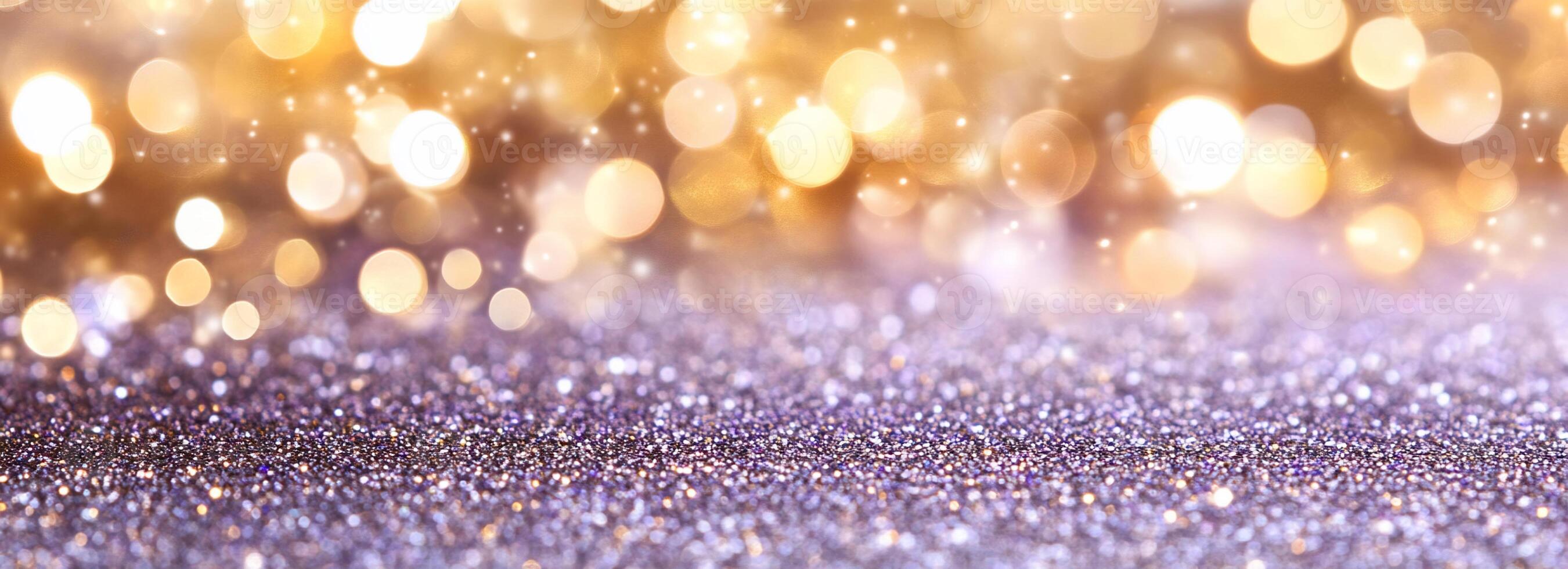 A shimmering background of golden bokeh lights and glitter. photo