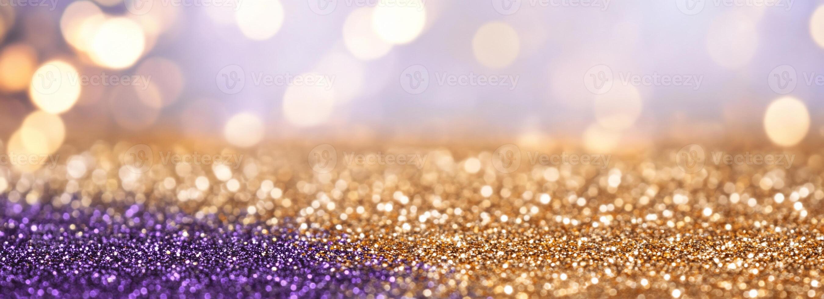 A shimmering background of purple, gold, and soft bokeh lights. photo