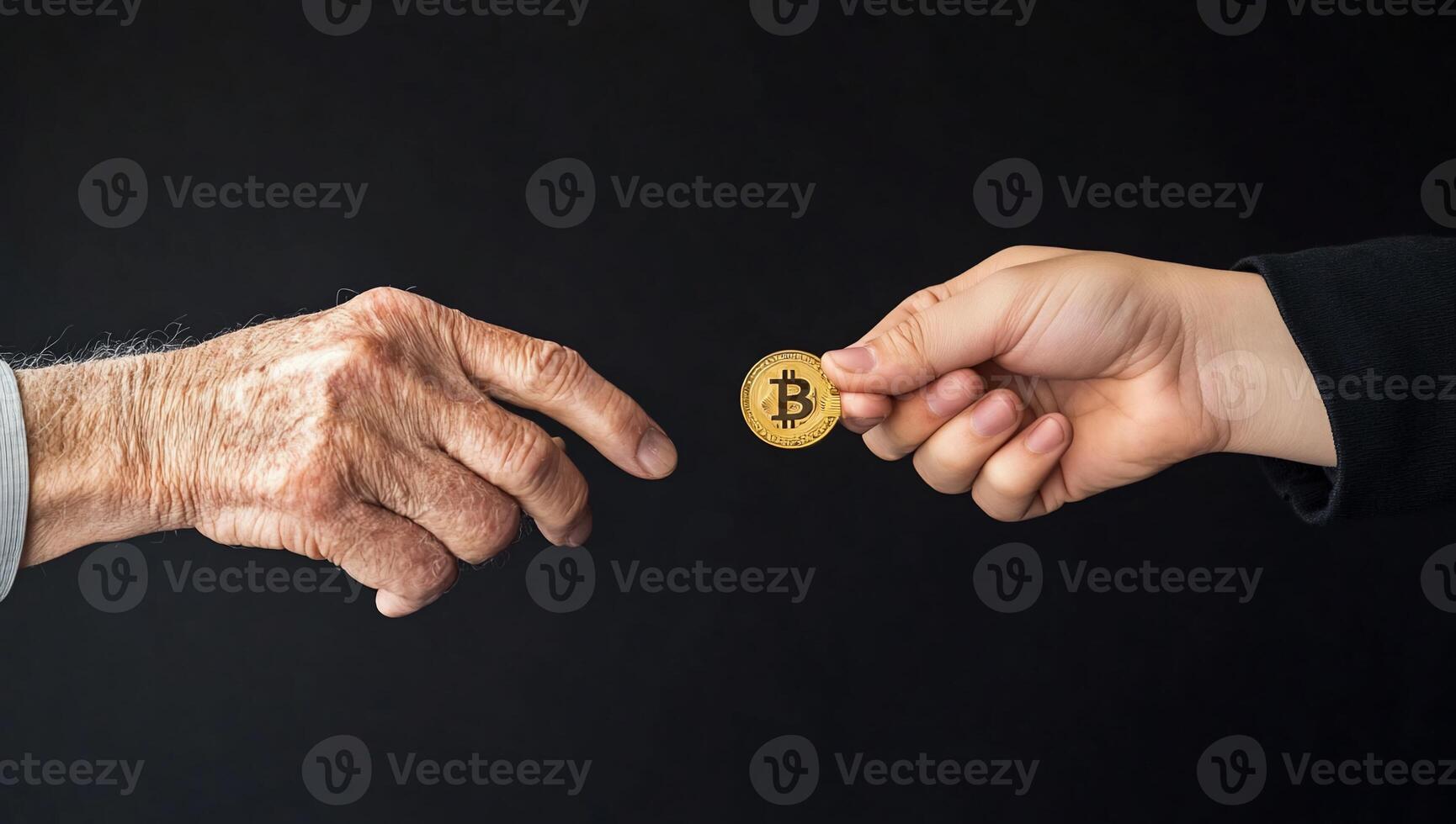 An elderly hand reaching for a Bitcoin from a younger hand. photo