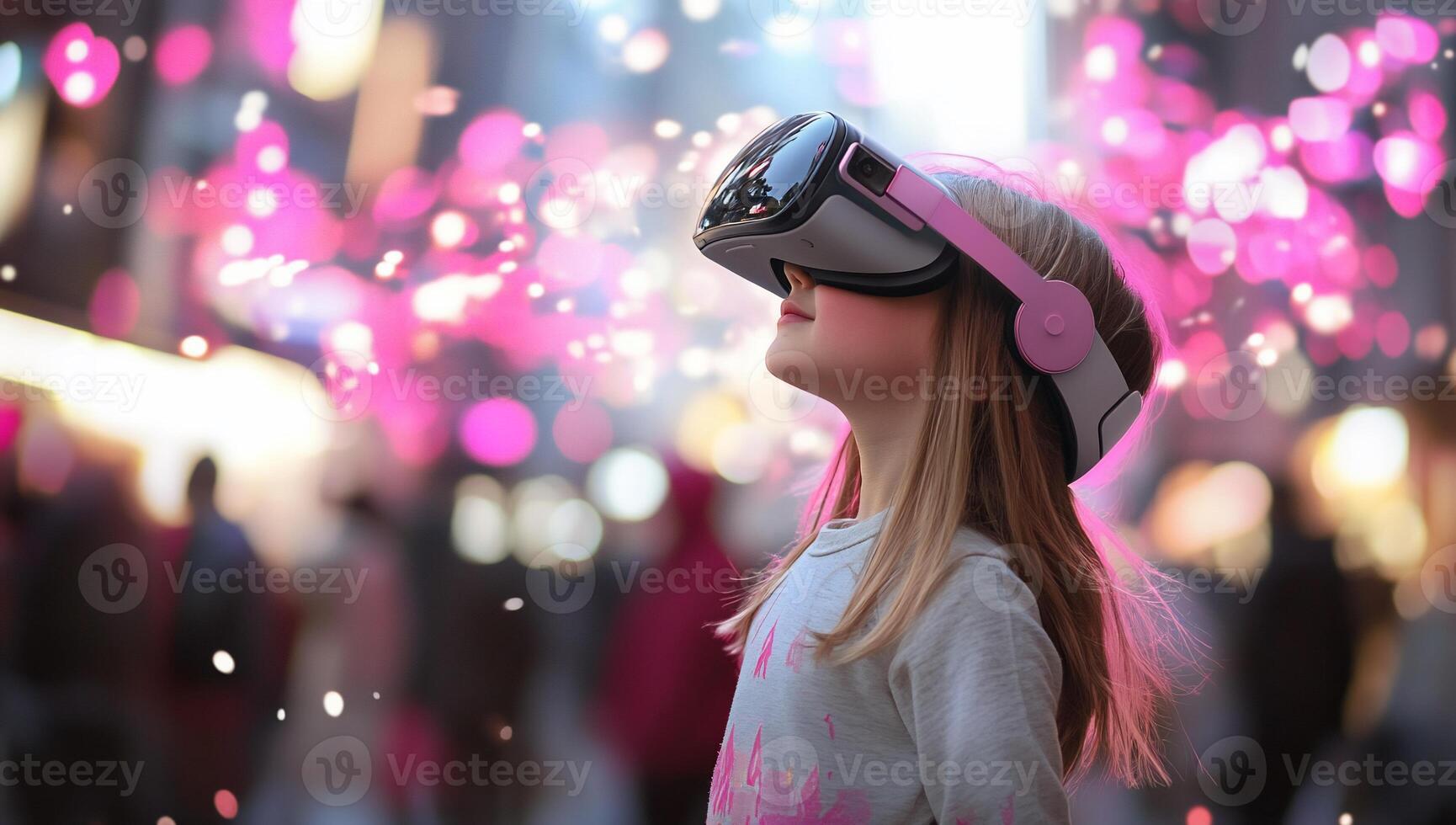 A child experiences virtual reality in a vibrant urban setting. photo