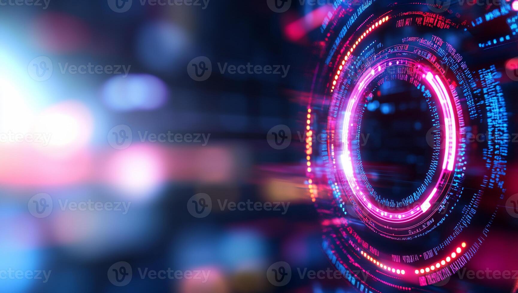 Abstract digital design with vibrant circular patterns and glowing elements. photo