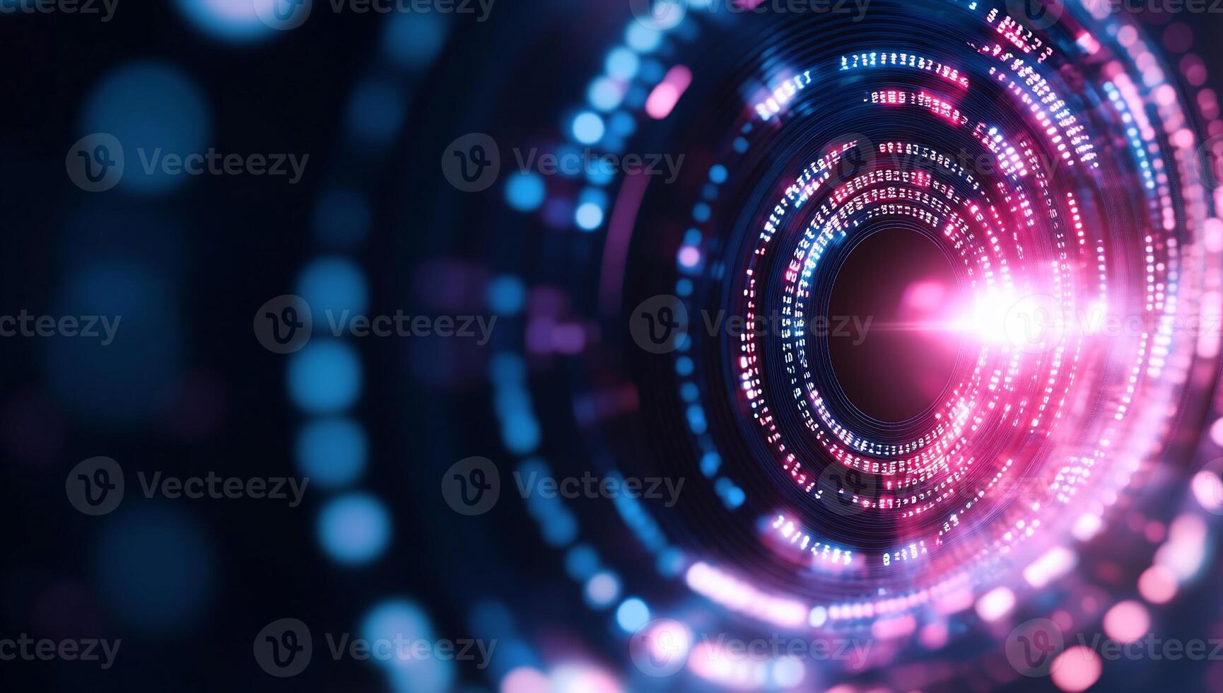 Abstract digital tunnel with vibrant colors and glowing circles. photo