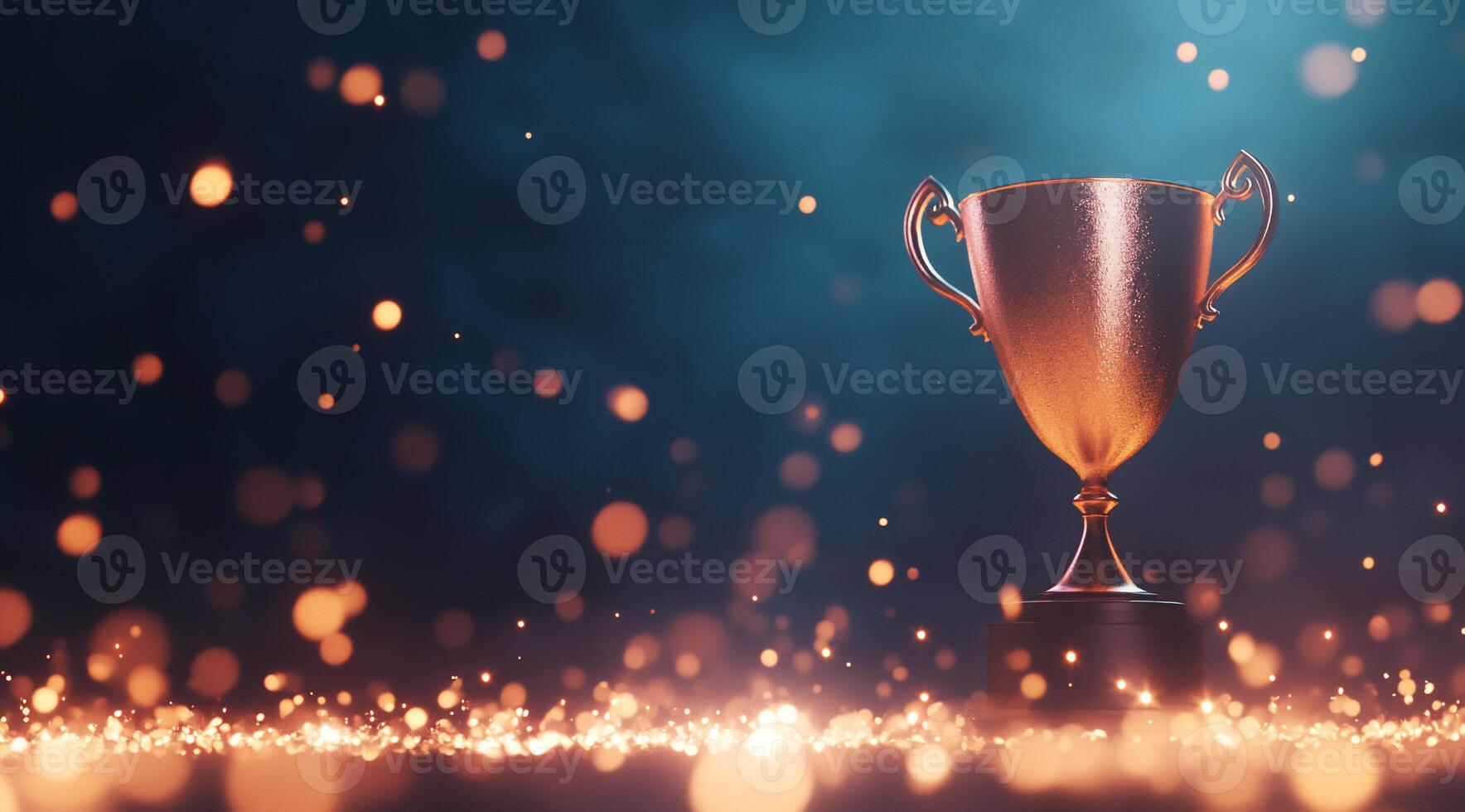 A shiny trophy on a pedestal surrounded by glowing particles. photo