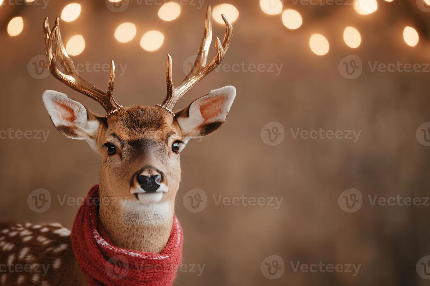 A decorative deer figurine wearing a red scarf against a blurred backdrop. photo
