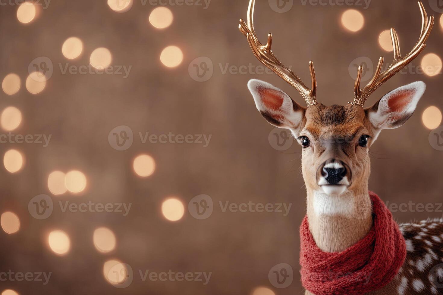 A decorative deer figurine wearing a red scarf against a bokeh background. photo