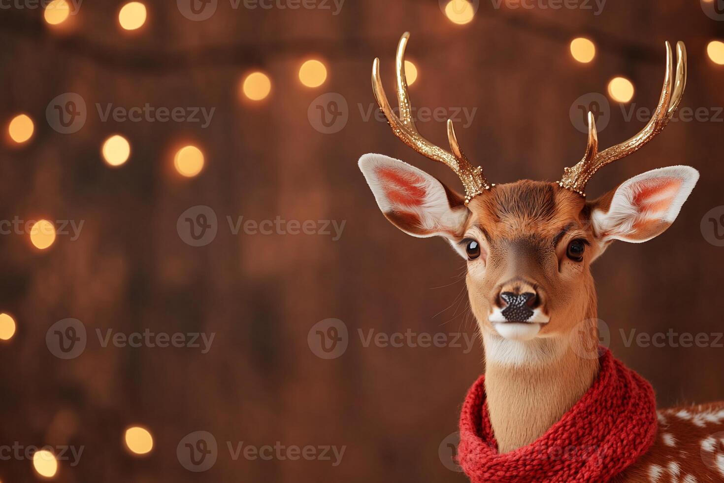 A deer wearing a red scarf and a red hat photo