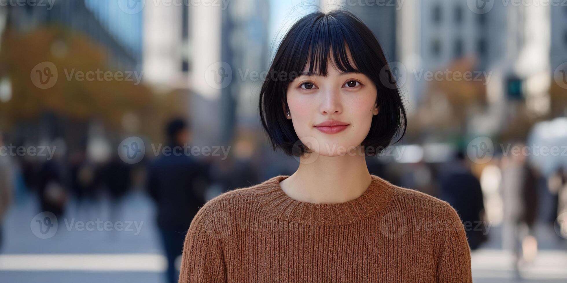A young woman stands confidently in an urban setting, smiling. photo