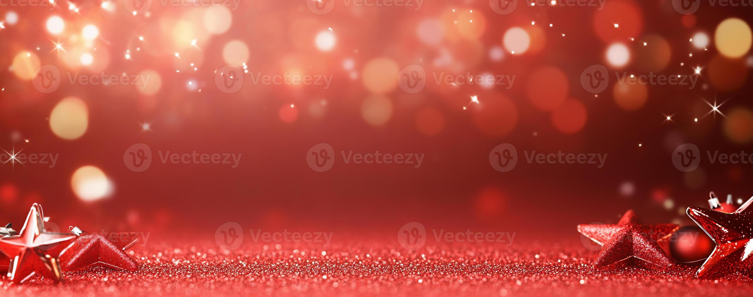 A festive red background with sparkling lights and decorative stars. photo