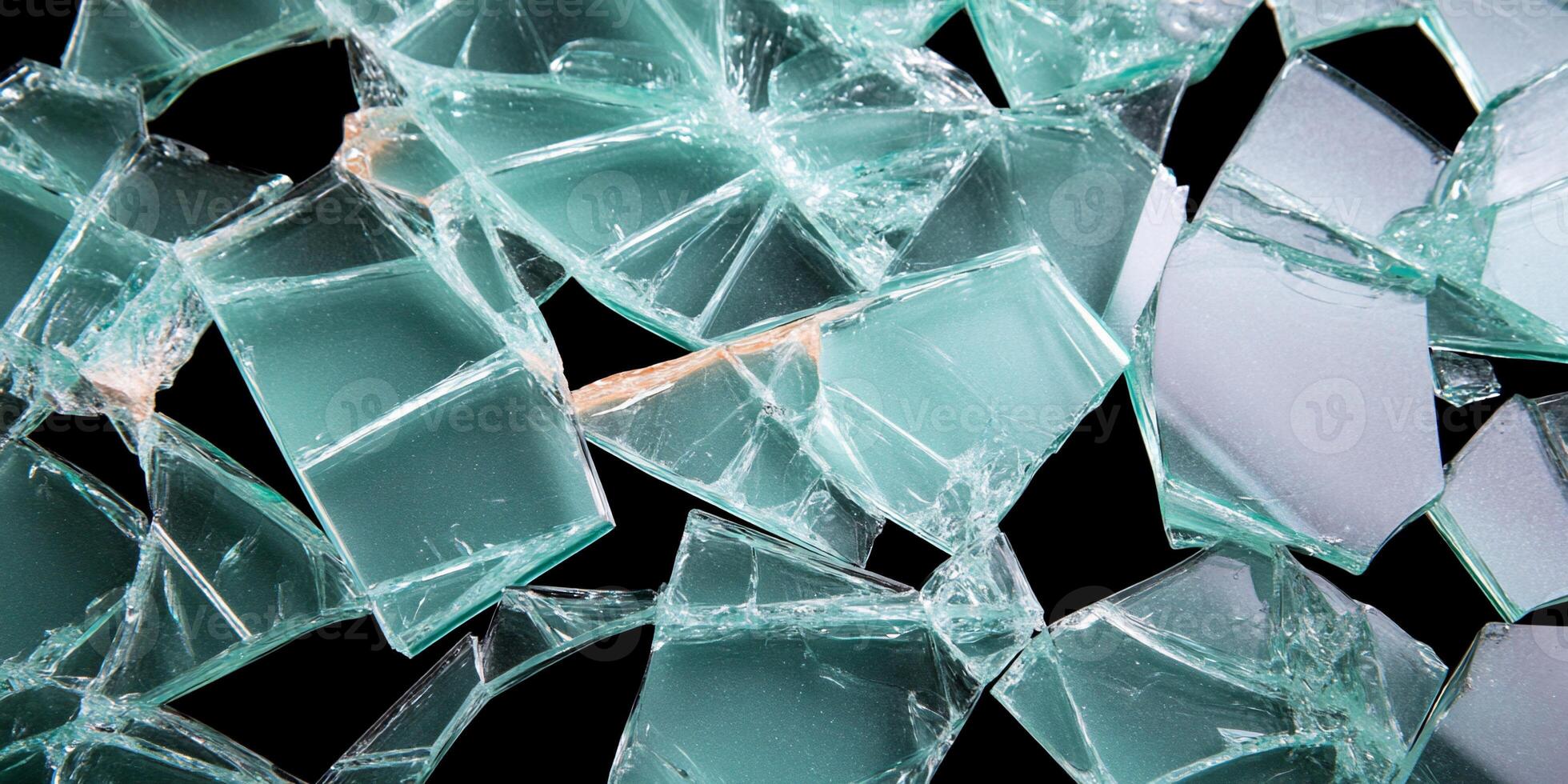 Close-up of shattered glass pieces scattered on a dark surface. photo