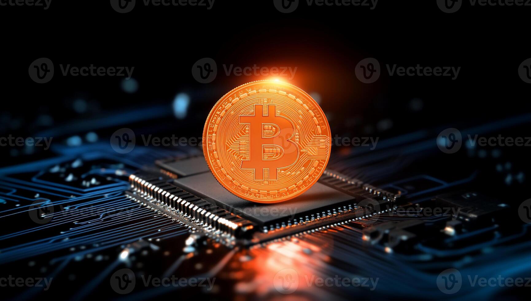 A Bitcoin coin on a microchip, symbolizing cryptocurrency technology. photo