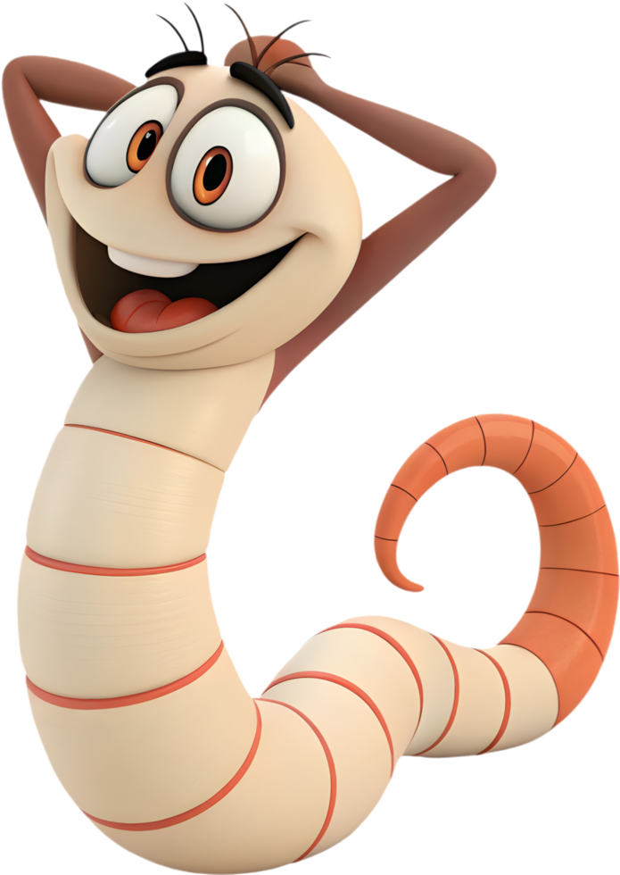 Fun animated worm character with a joyful and charming pose. . png