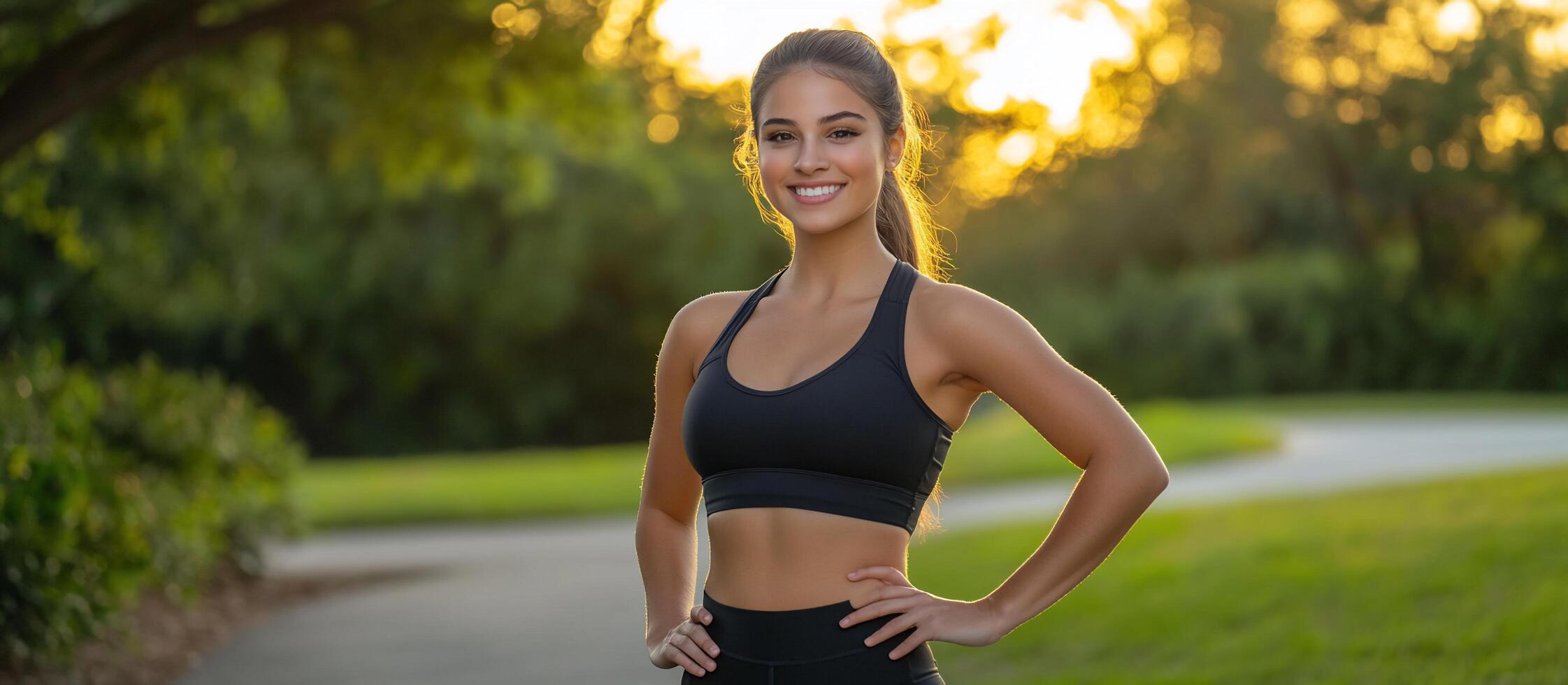 A woman in a sports bra top standing in a park photo