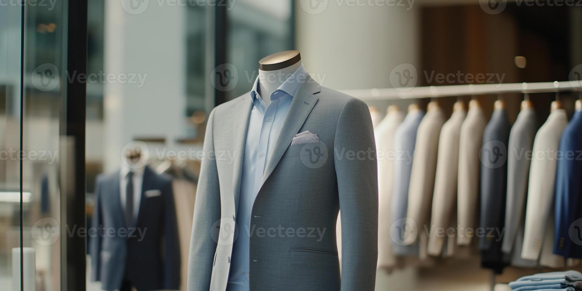 A tailored suit displayed on a mannequin in a stylish retail setting. photo