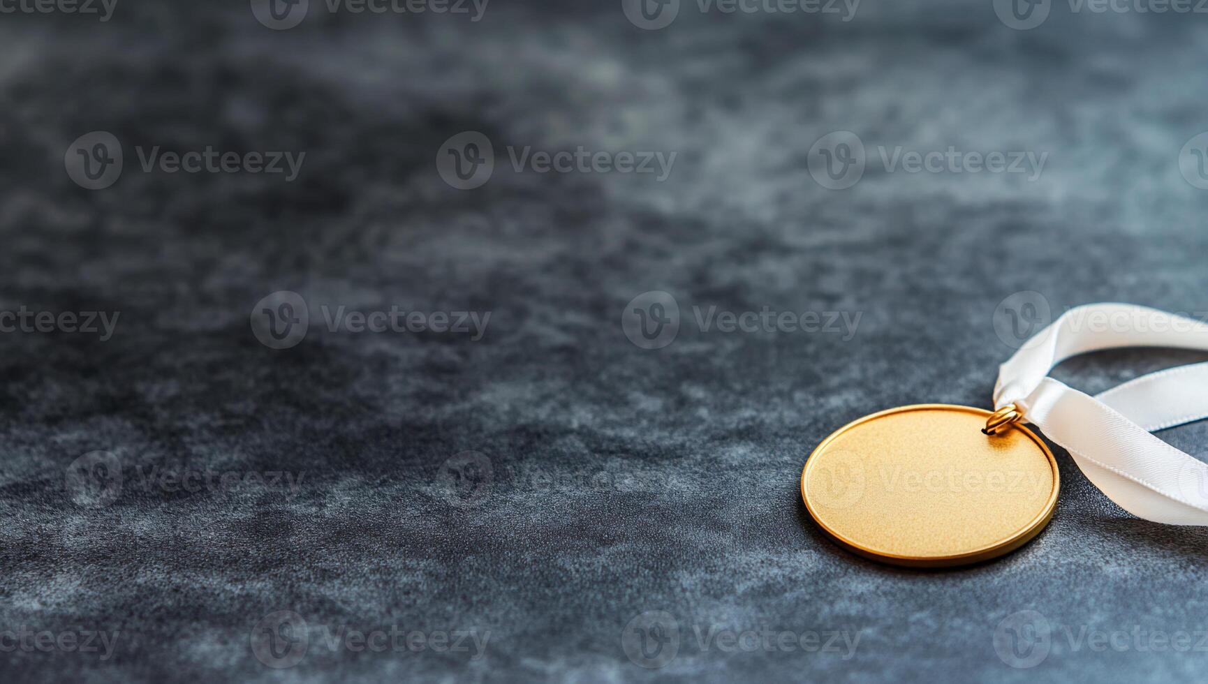 A gold medal resting on a textured surface, symbolizing achievement. photo