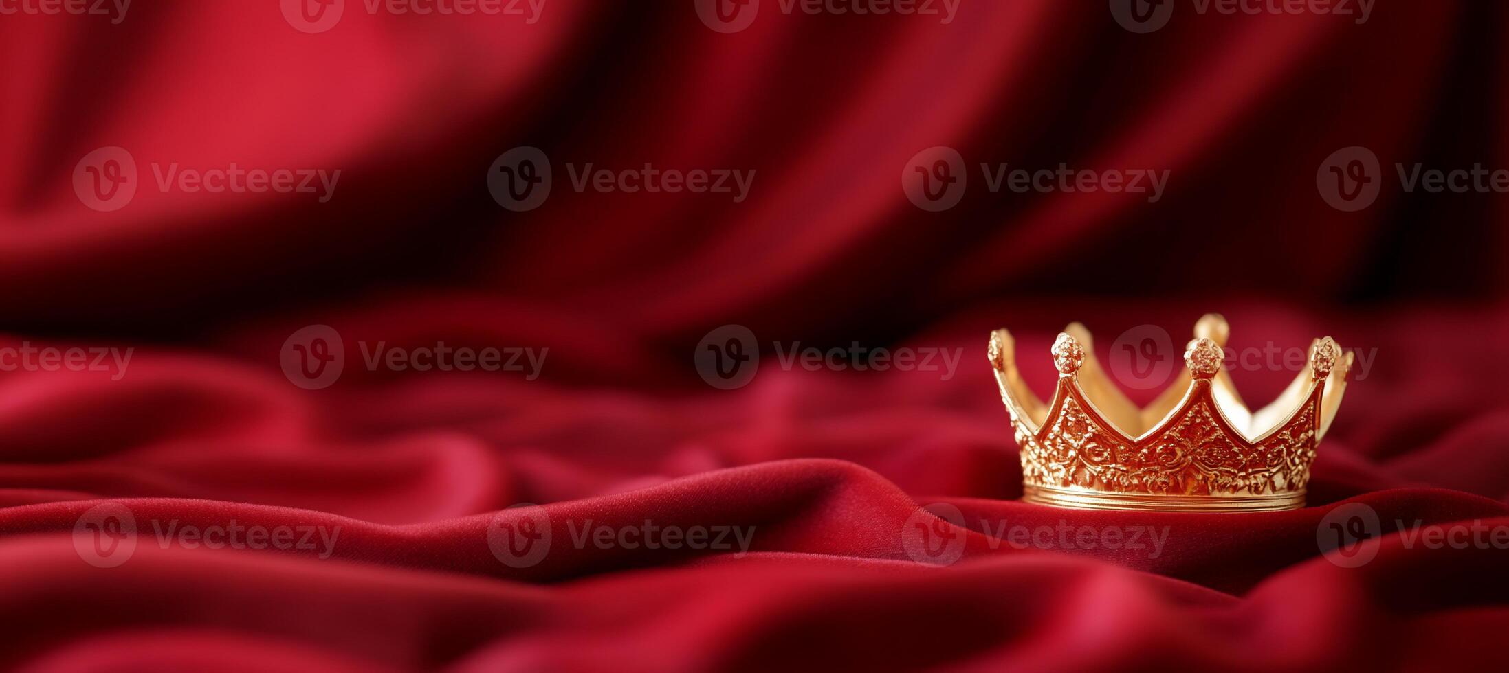A golden crown resting on rich red fabric, symbolizing royalty and power. photo