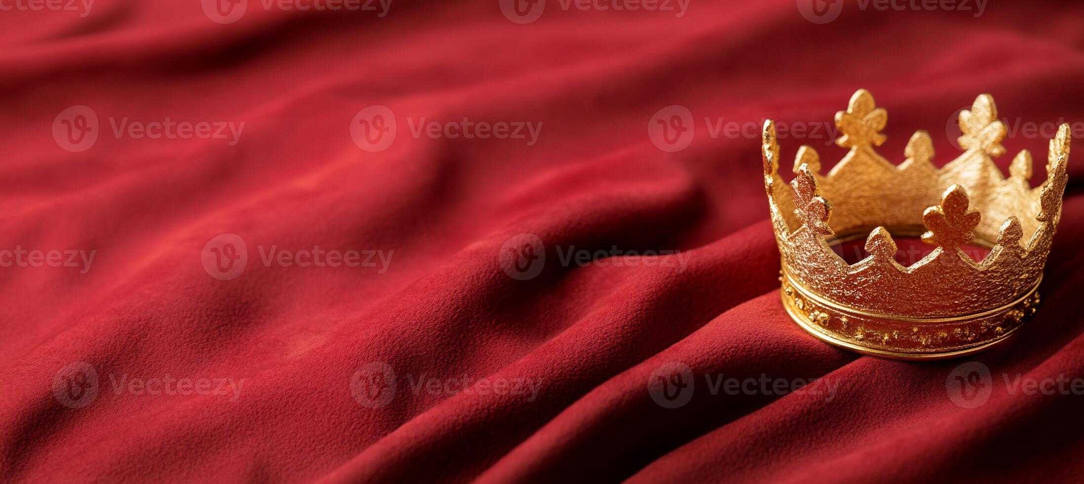 A golden crown resting on a rich red fabric backdrop. photo