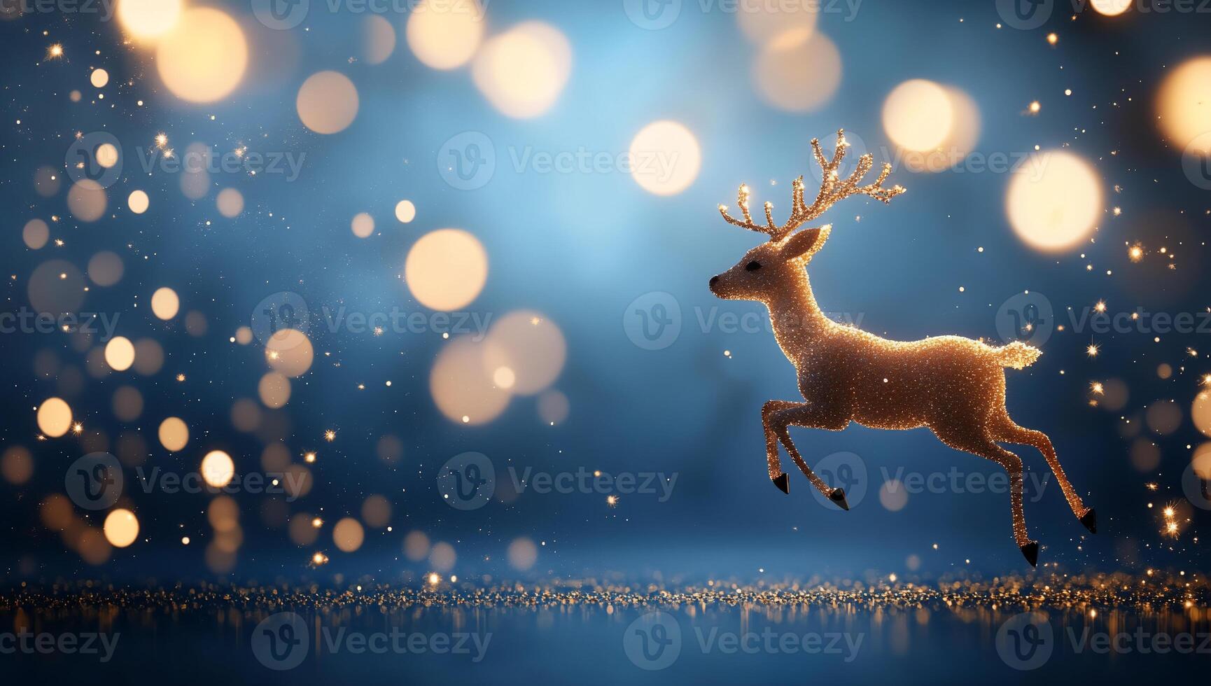 A sparkling reindeer runs through a dreamy, illuminated background. photo