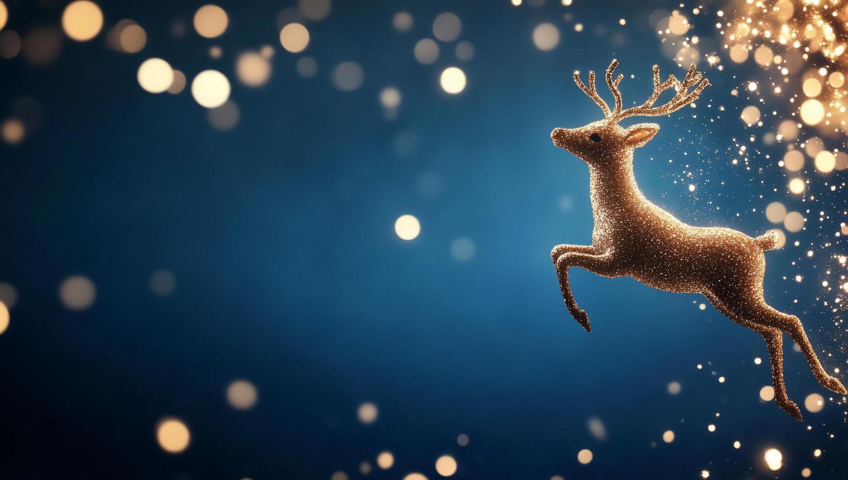 A sparkling reindeer leaps against a blue background with bokeh lights. photo