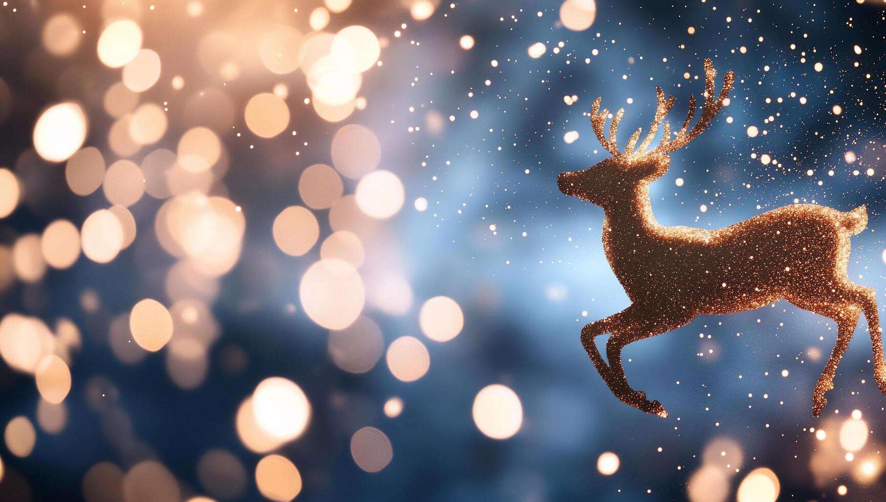 A glittering reindeer leaps against a dreamy, bokeh-filled background. photo