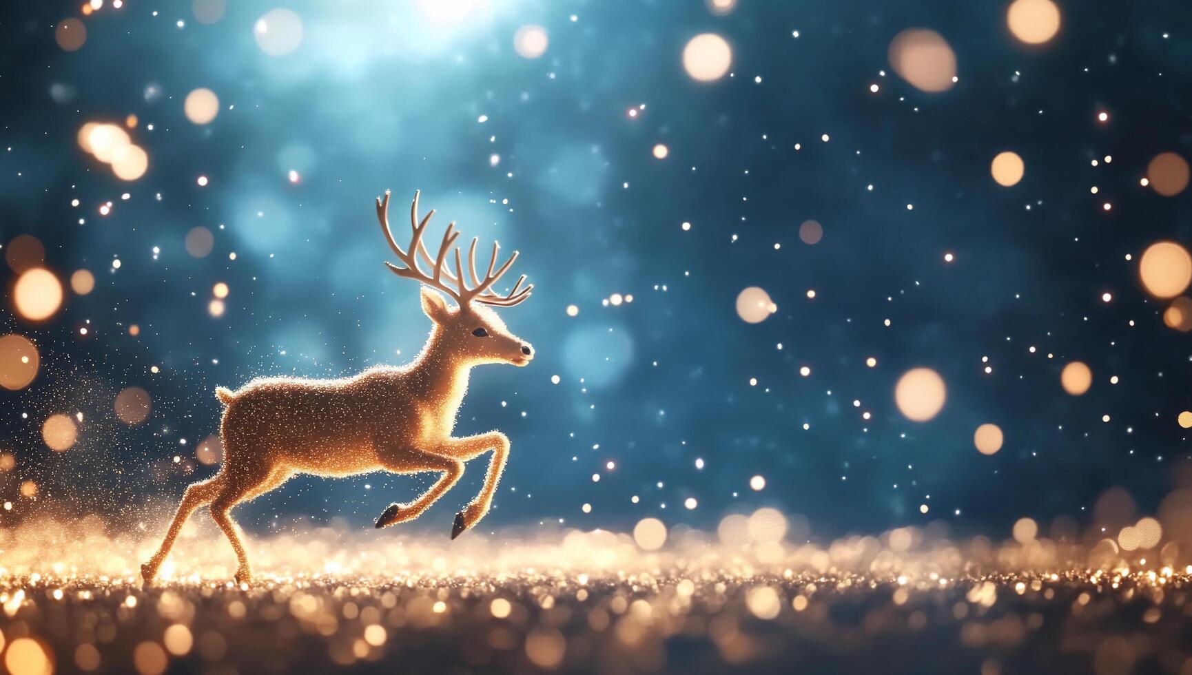 A graceful deer leaps through a dreamy, sparkly winter landscape. photo