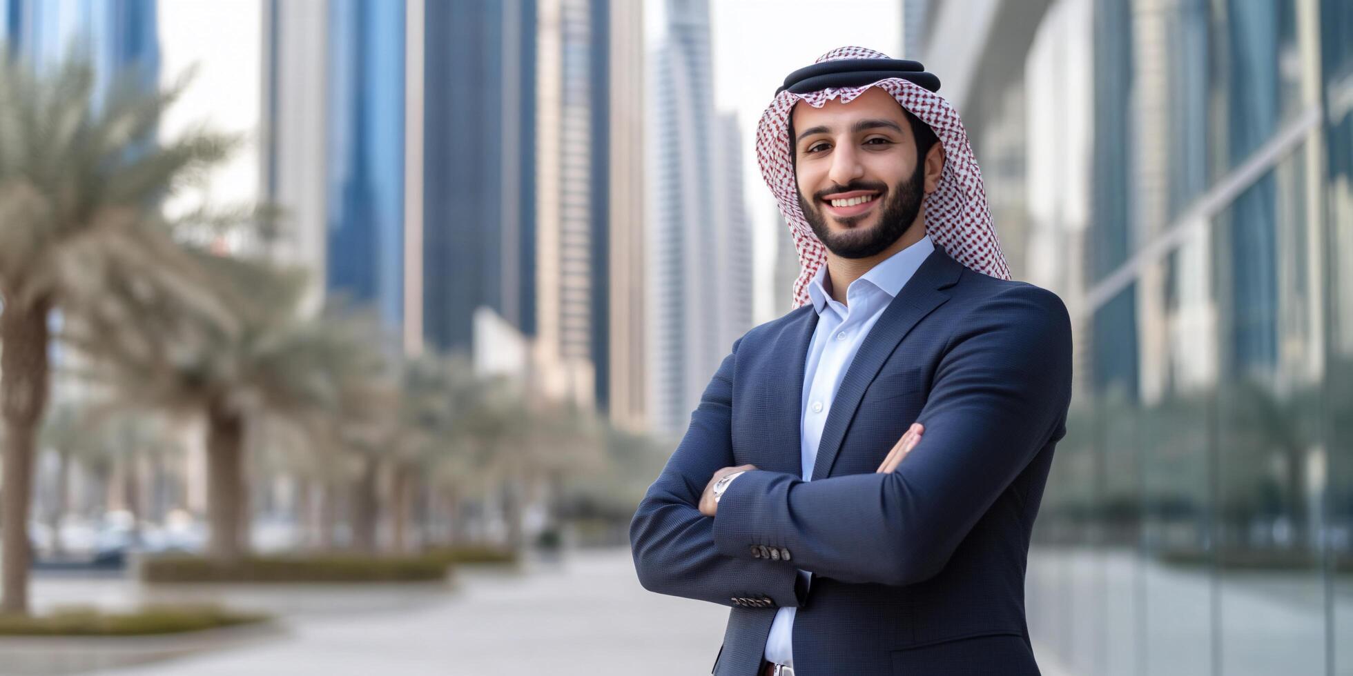 A confident man in business attire stands outdoors in an urban setting. photo