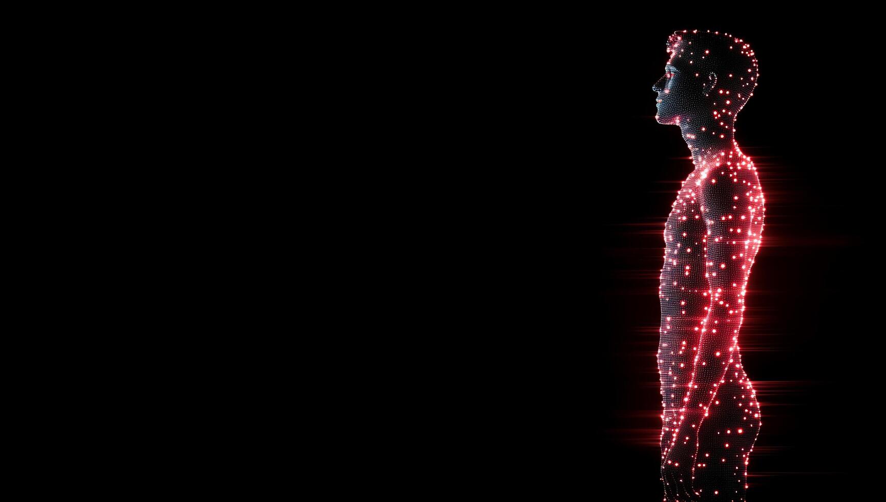 A digital silhouette of a human figure composed of glowing particles. photo
