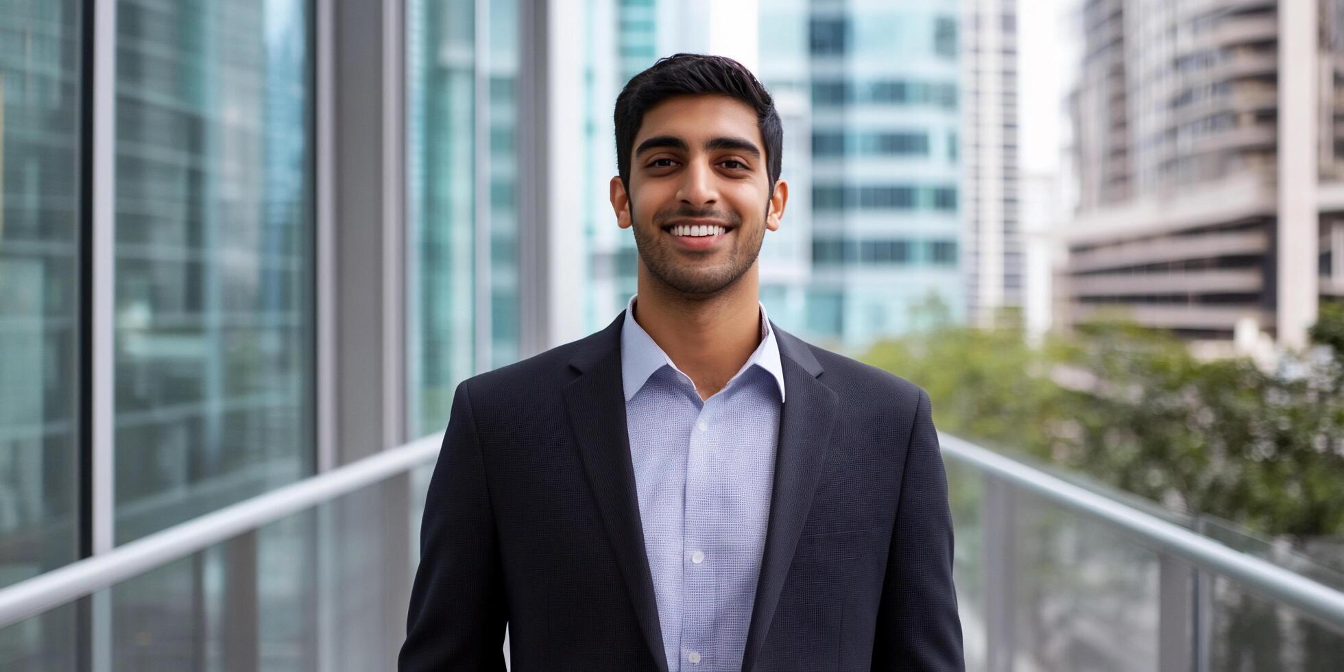 A young man in a suit smiles confidently on a modern balcony. photo
