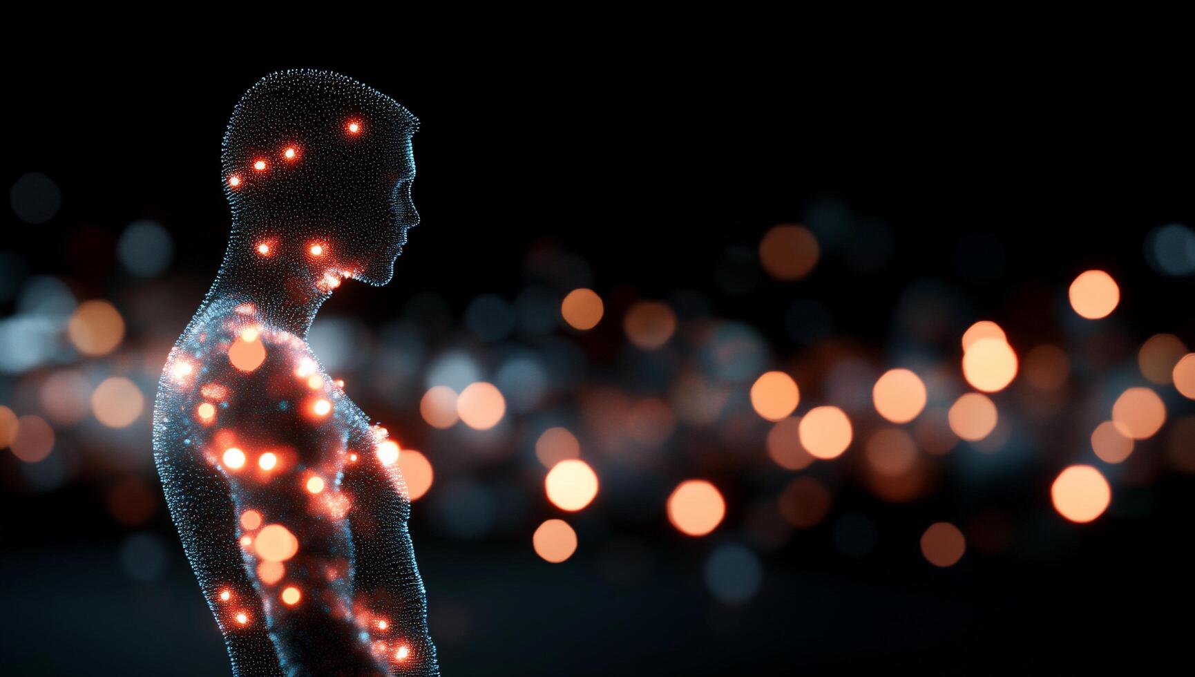 A digital silhouette of a person with glowing particles, symbolizing connection. photo